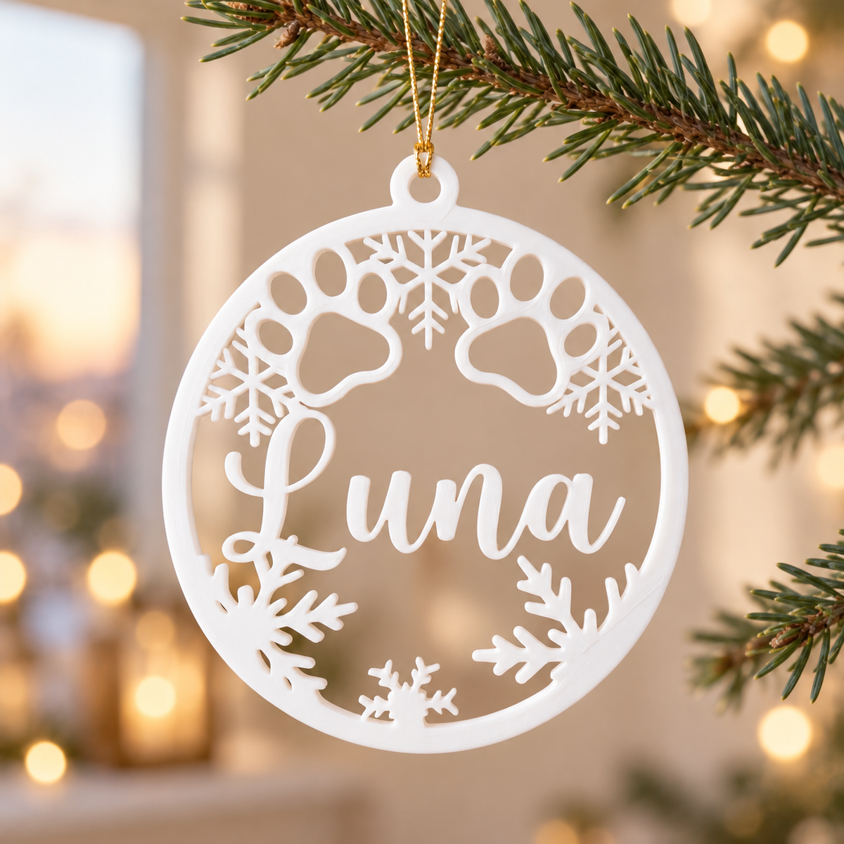 Esfera blanca de mascota de 10 cm con el nombre Luna, patitas y copos de nieve, ambientación ilustrativa