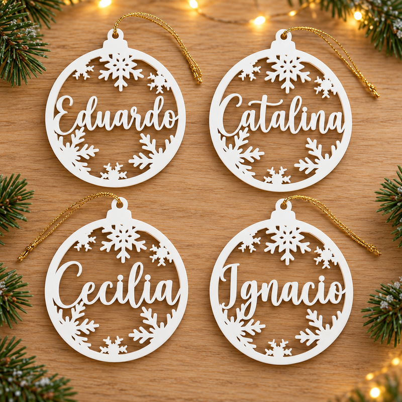 Pack de cuatro esferas blancas de 10 cm con nombres personalizados sobre madera, ambientación ilustrativa
