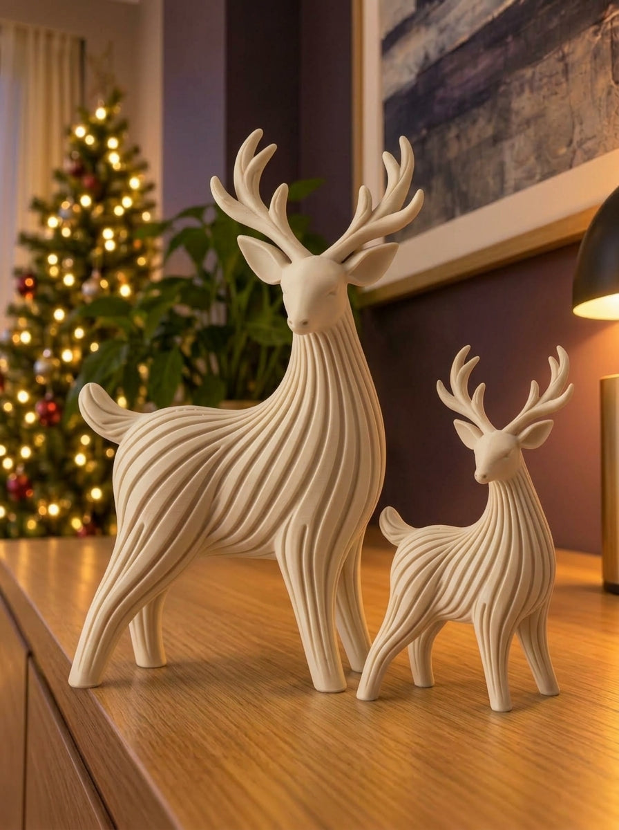 Dúo de renos navideños en blanco, imagen referencial