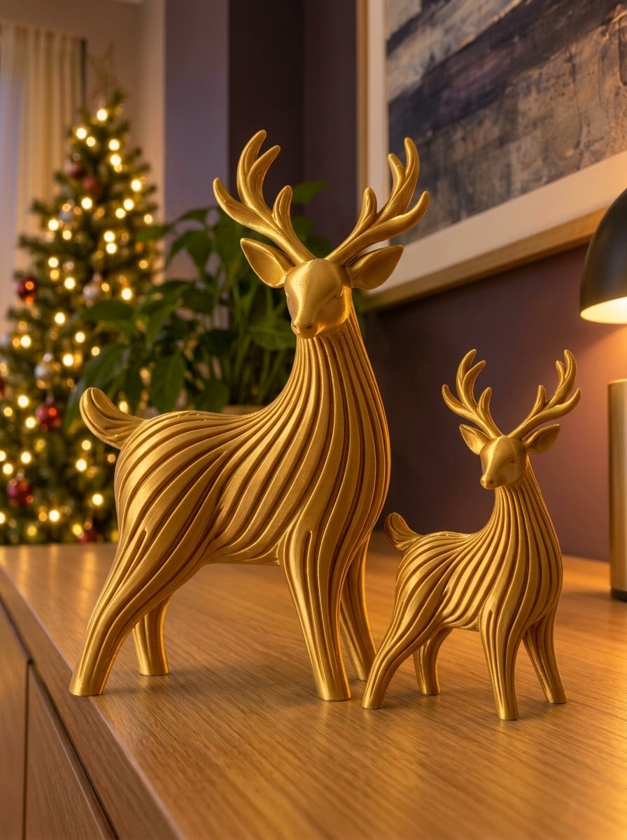 Dúo de renos navideños en dorado, imagen referencial