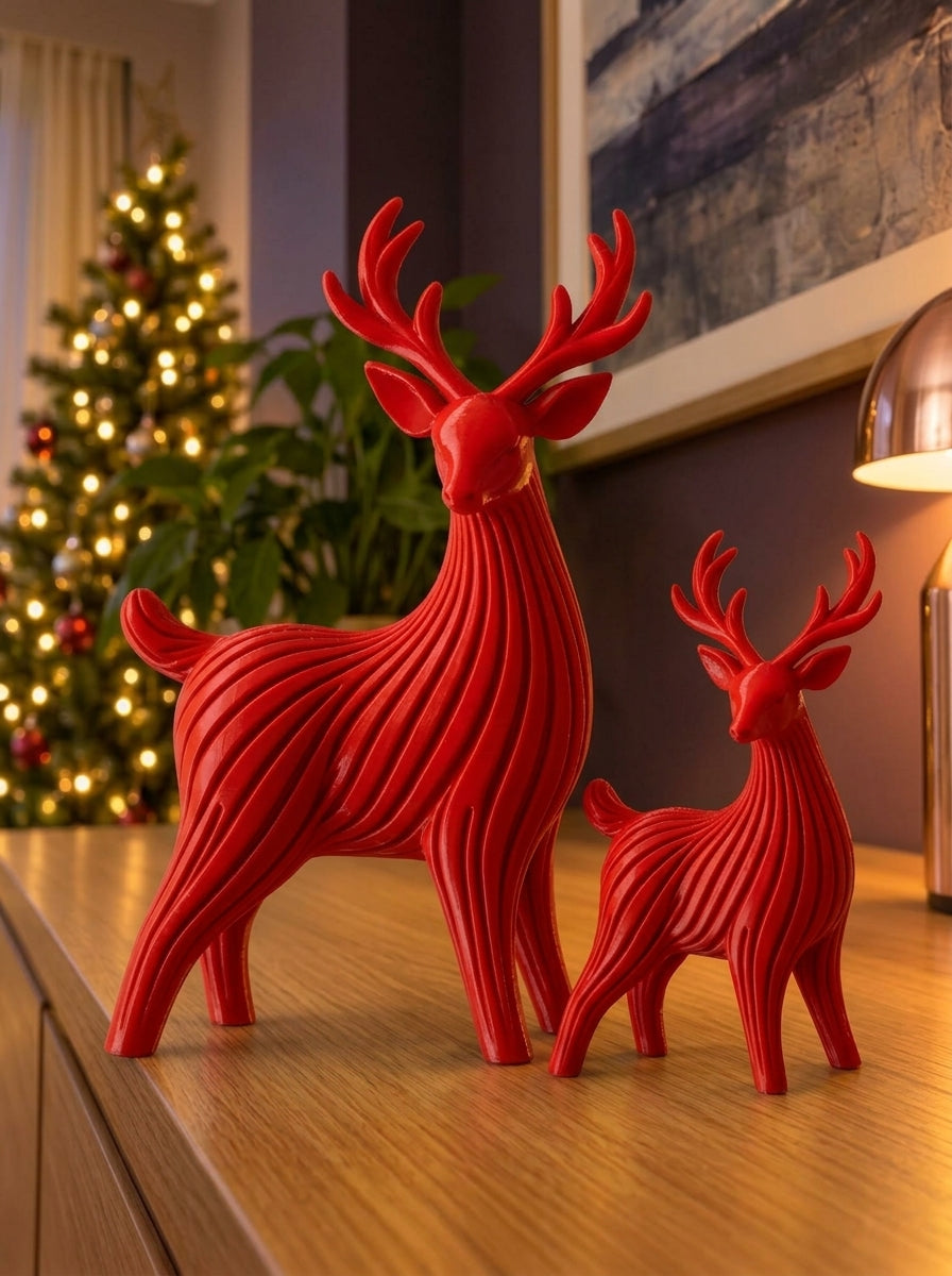 Dúo de renos navideños en rojo, imagen referencial