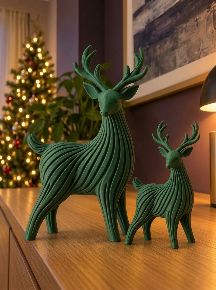 Dúo de renos navideños en verde pino, imagen referencial