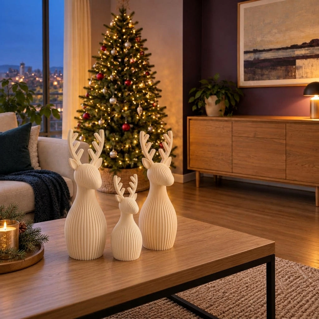 Trío de renos navideños en blanco, imagen referencial