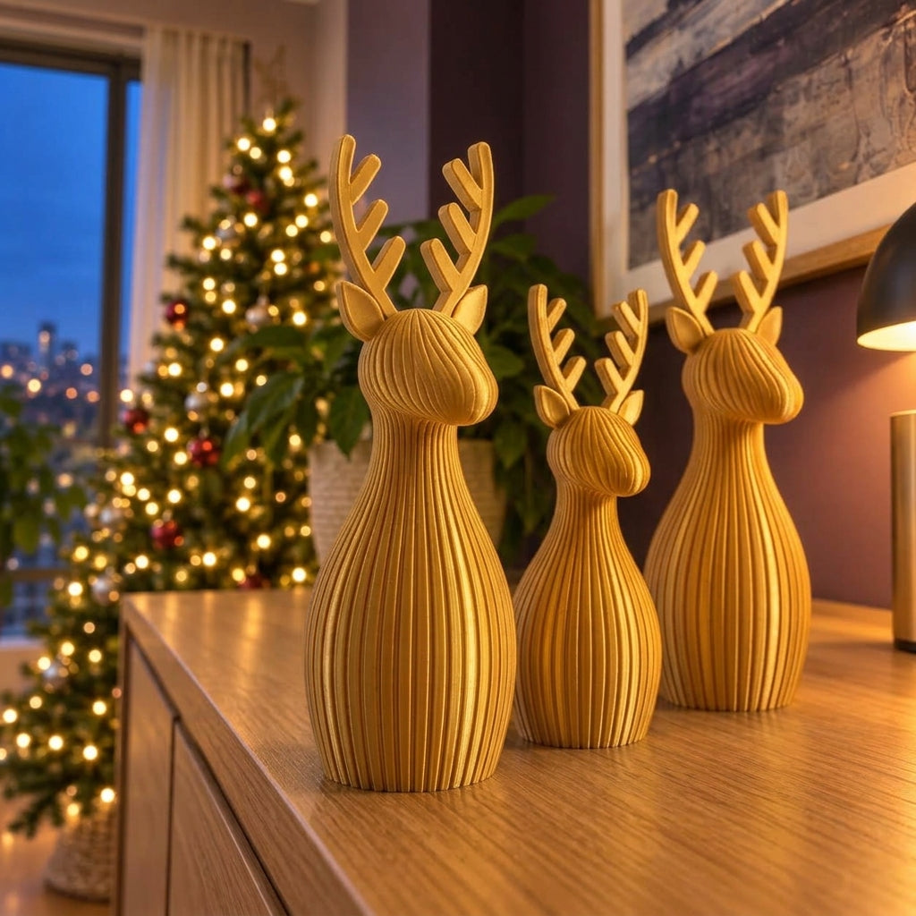 Trío de renos navideños en dorado, imagen referencial