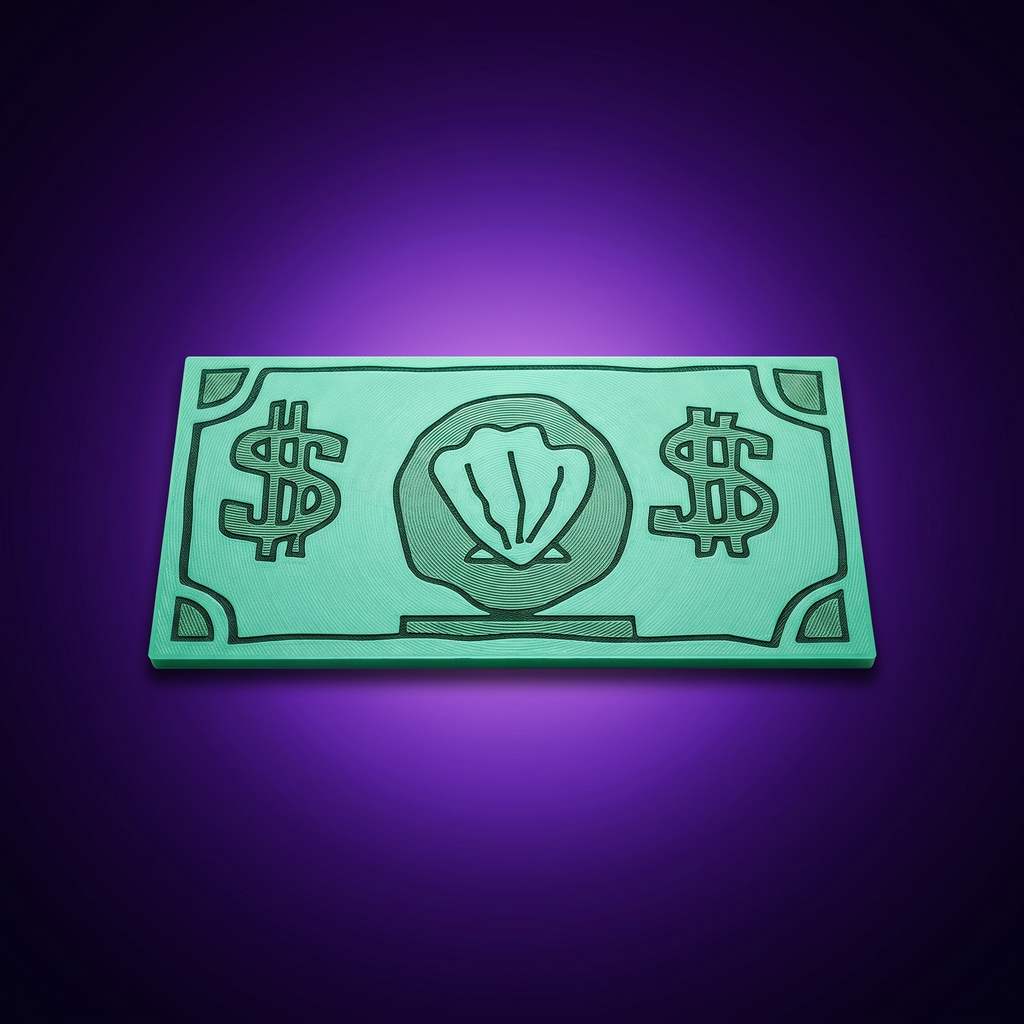 Dólar Concha de Bob Esponja para pago por contacto, foto de estudio fondo morado