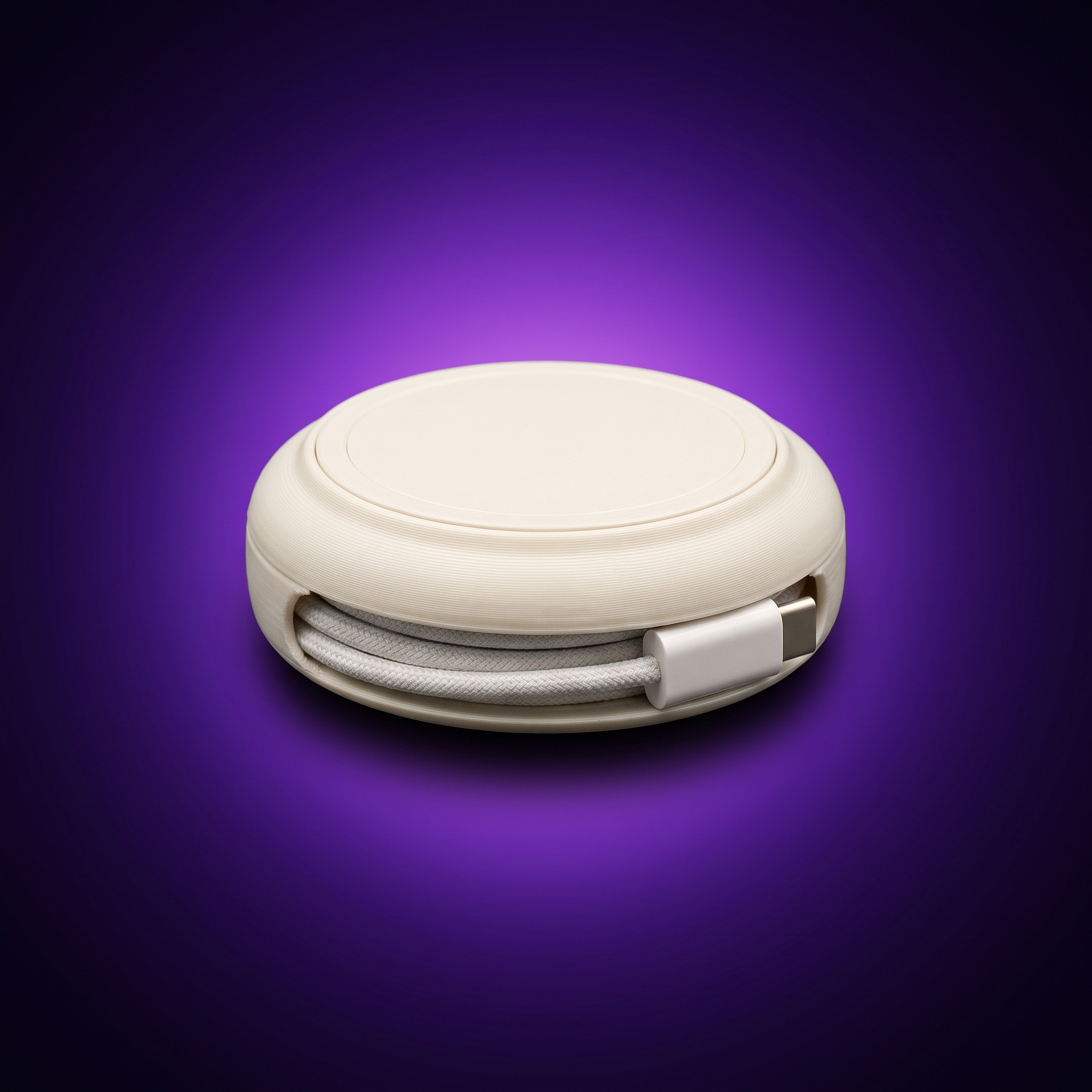 Soporte Enrollable para Cargador de Viaje MagSafe - color Crema, foto de estudio fondo morado