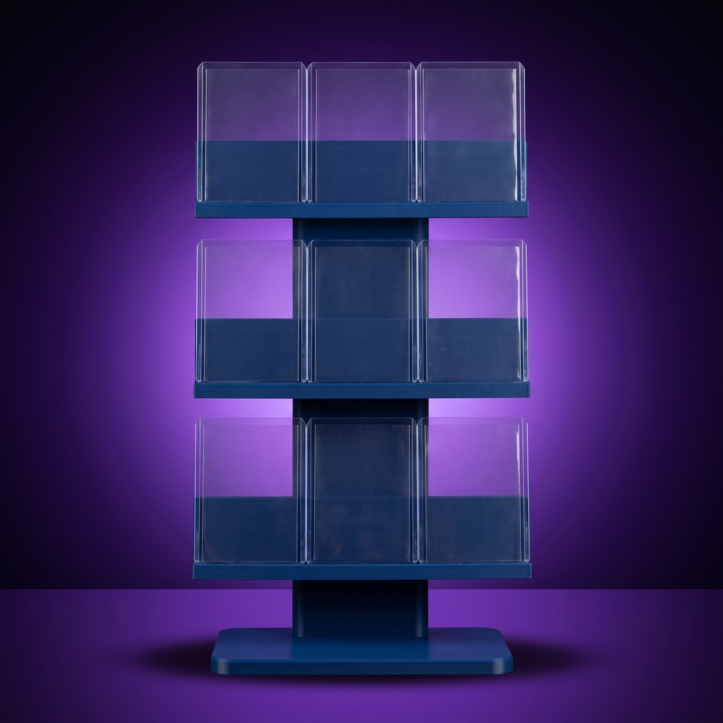 Expositor Moderno para Tarjetas Ultra Pro One-Touch 3x3 - color Azul, foto de estudio fondo morado
