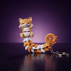 Llavero flexi gato naranjo con cola esponjosa, foto de estudio fondo morado