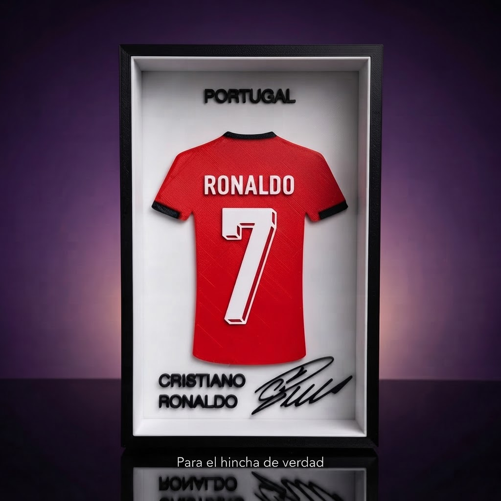Marco de camiseta Cristiano Ronaldo Portugal, fondo morado con frase Para el hincha de verdad