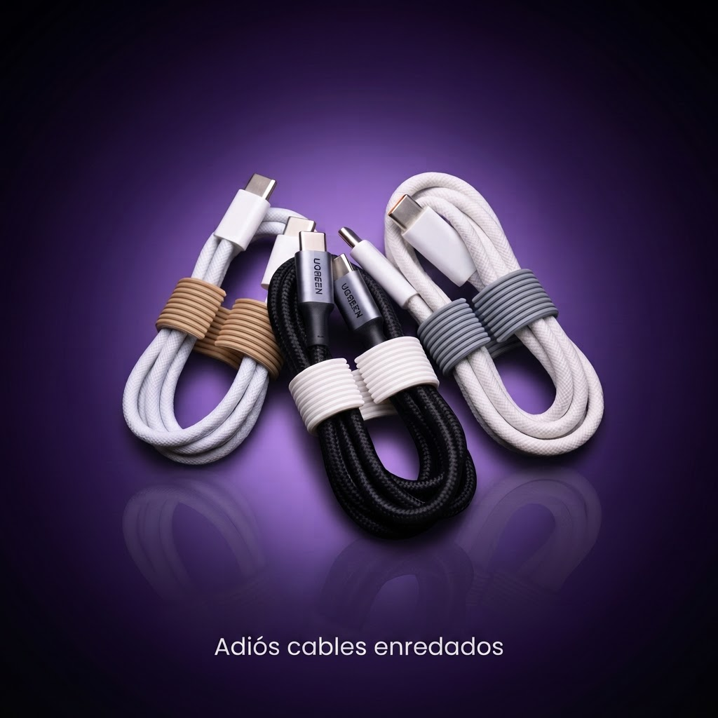 Clips organizadores de cables, fondo morado con frase Adiós cables enredados