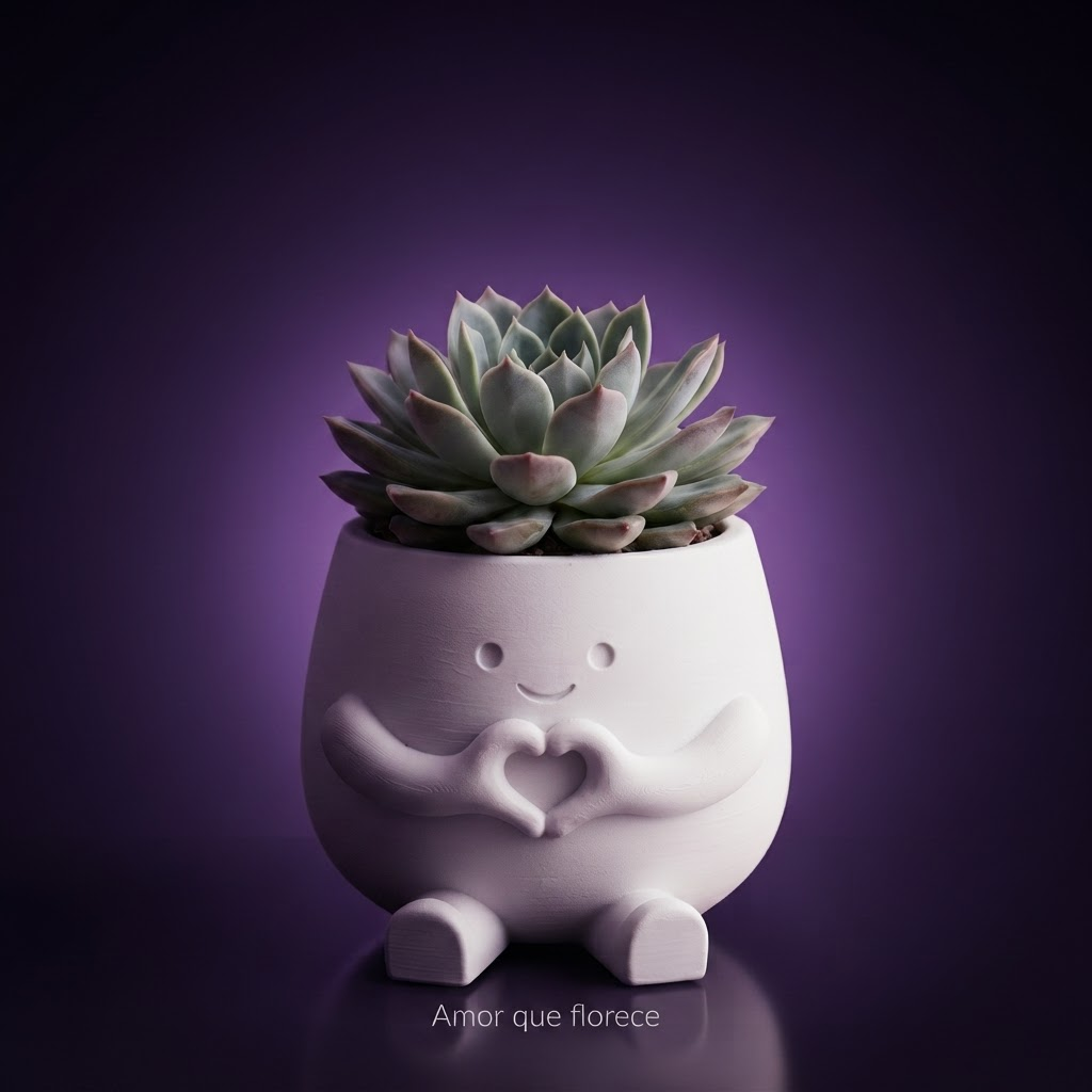 Maceta Hearty impresa en 3D, fondo morado con frase Amor que florece