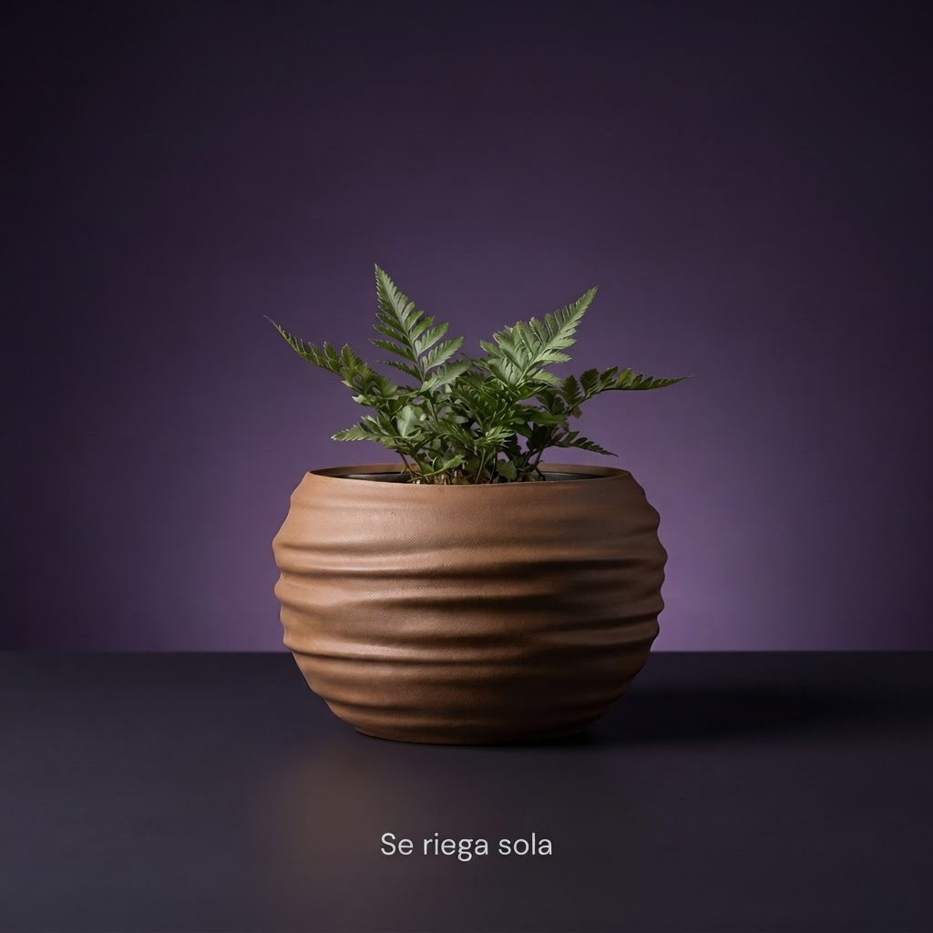 Maceta Japandi Wabi-Sabi impresa en 3D, fondo morado con frase Se riega sola