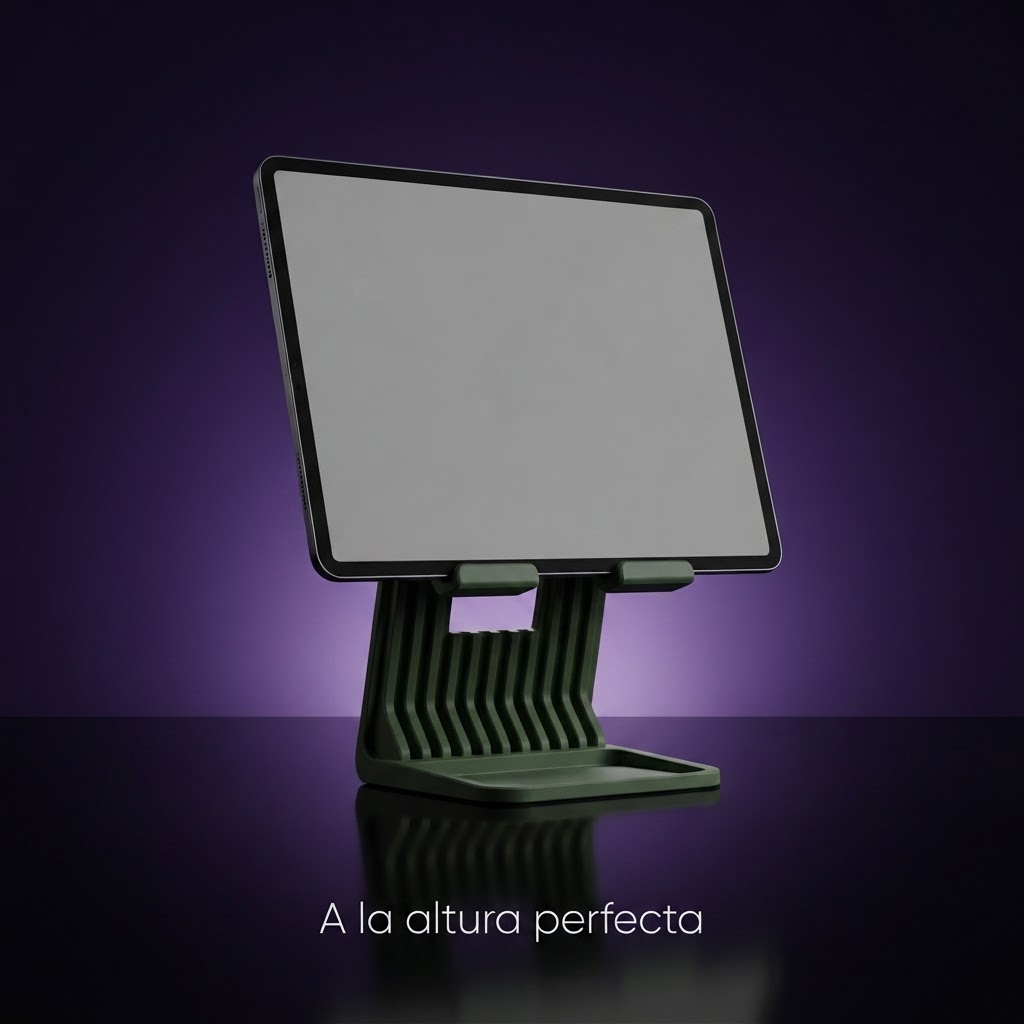 Soporte elevador para iPad y tablet, fondo morado con frase A la altura perfecta