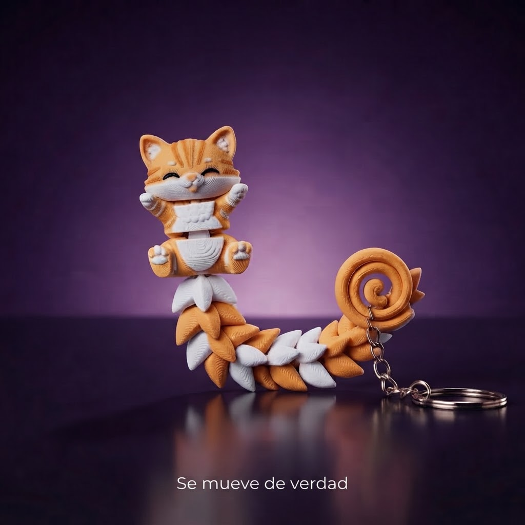 Llavero flexi gato naranjo, fondo morado con frase Se mueve de verdad