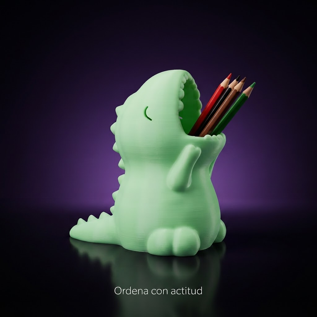 Porta lápices dinosaurio T-Rex verde, fondo morado con frase Ordena con actitud