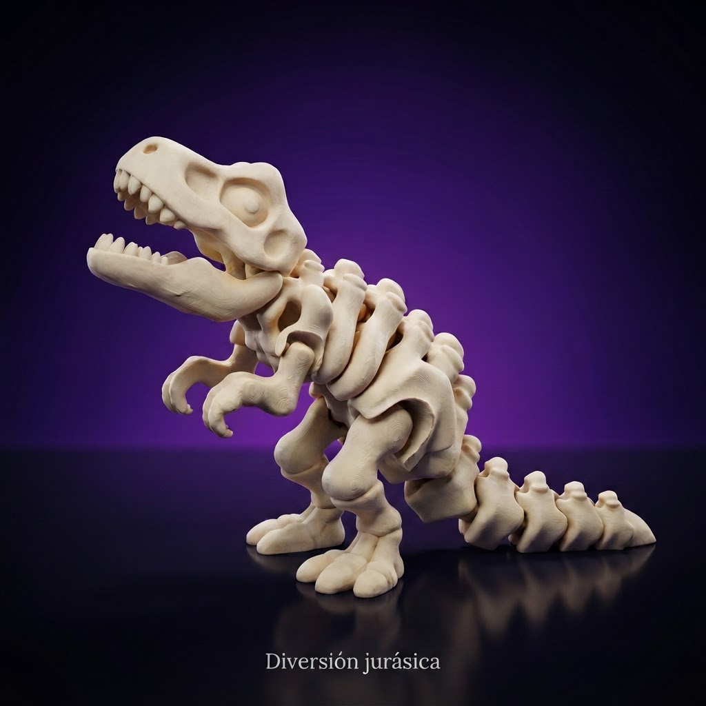 Esqueleto flexible de dinosaurio T-Rex, fondo morado con frase Diversión jurásica