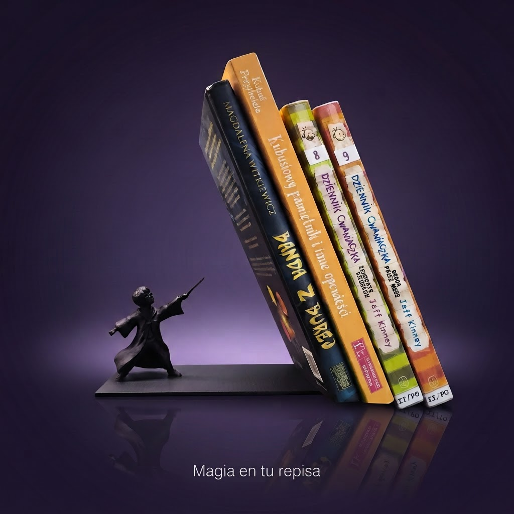 Sujetalibros mago impreso en 3D, fondo morado con frase Magia en tu repisa