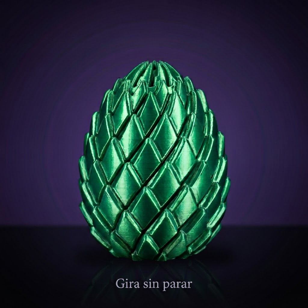 Mini huevo de dragón verde silk, fondo morado con frase Gira sin parar
