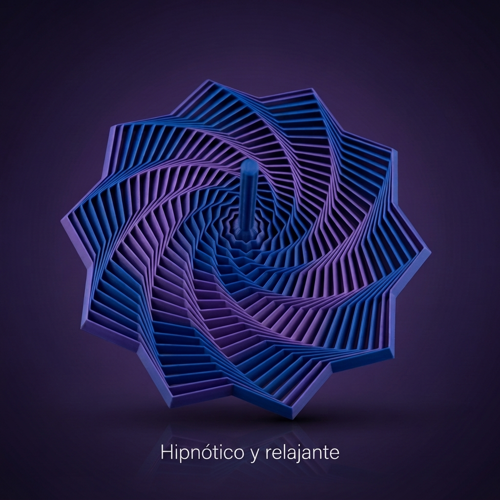 Fidget antiestrés de 10 estrellas azul, fondo morado con frase Hipnótico y relajante