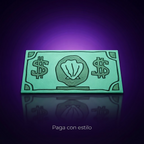 Dólar concha de Bob Esponja para pago por contacto, fondo morado con frase Paga con estilo
