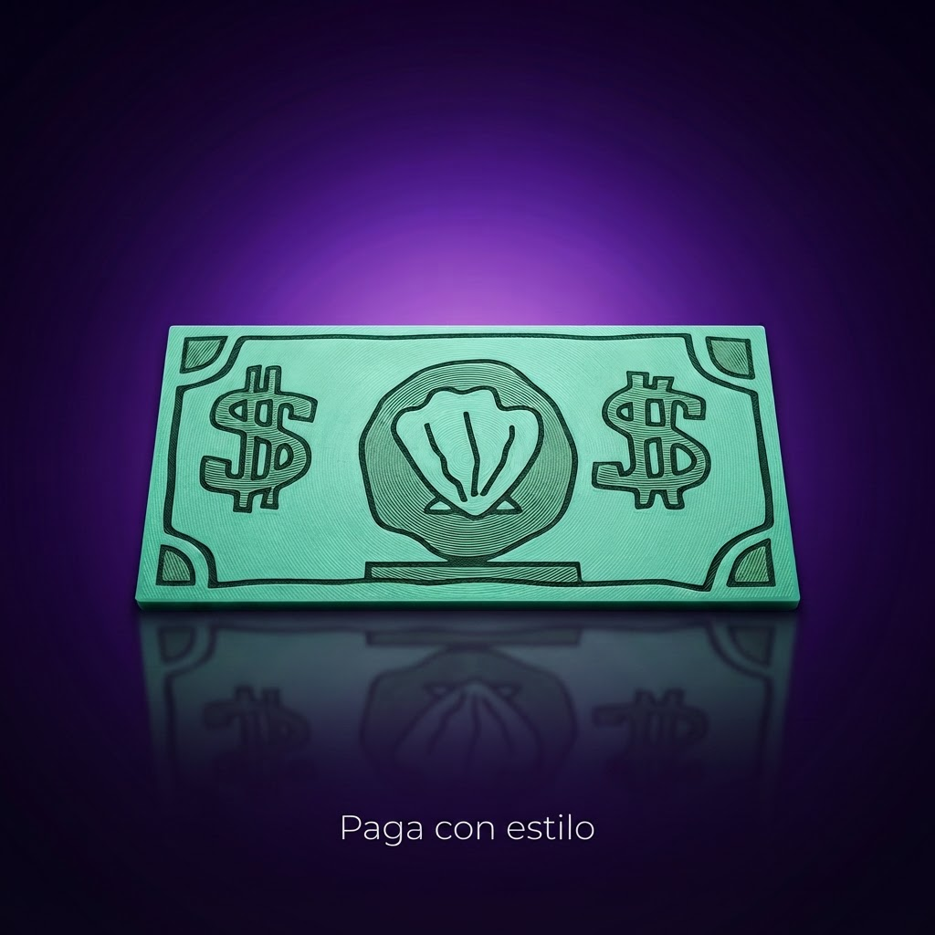 Dólar concha de Bob Esponja para pago por contacto, fondo morado con frase Paga con estilo