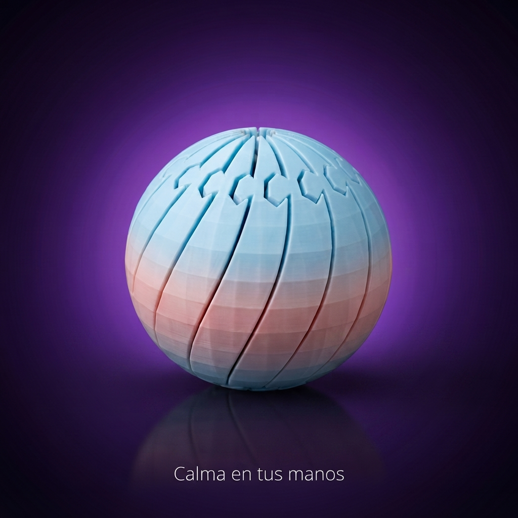 Bola fidget giratoria celeste y rosa, fondo morado con frase Calma en tus manos
