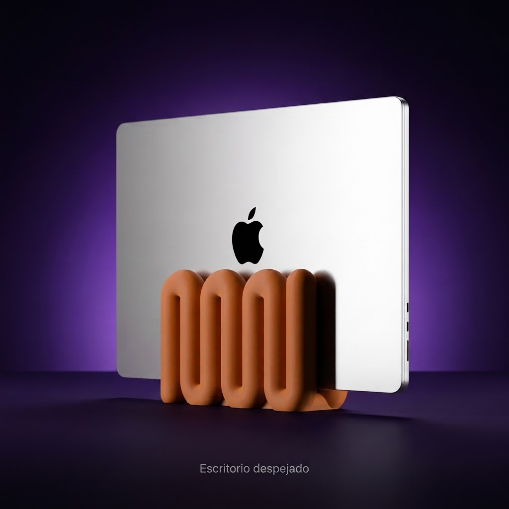 Soporte vertical para portátil terracota estilo wibble, fondo morado con frase Escritorio despejado