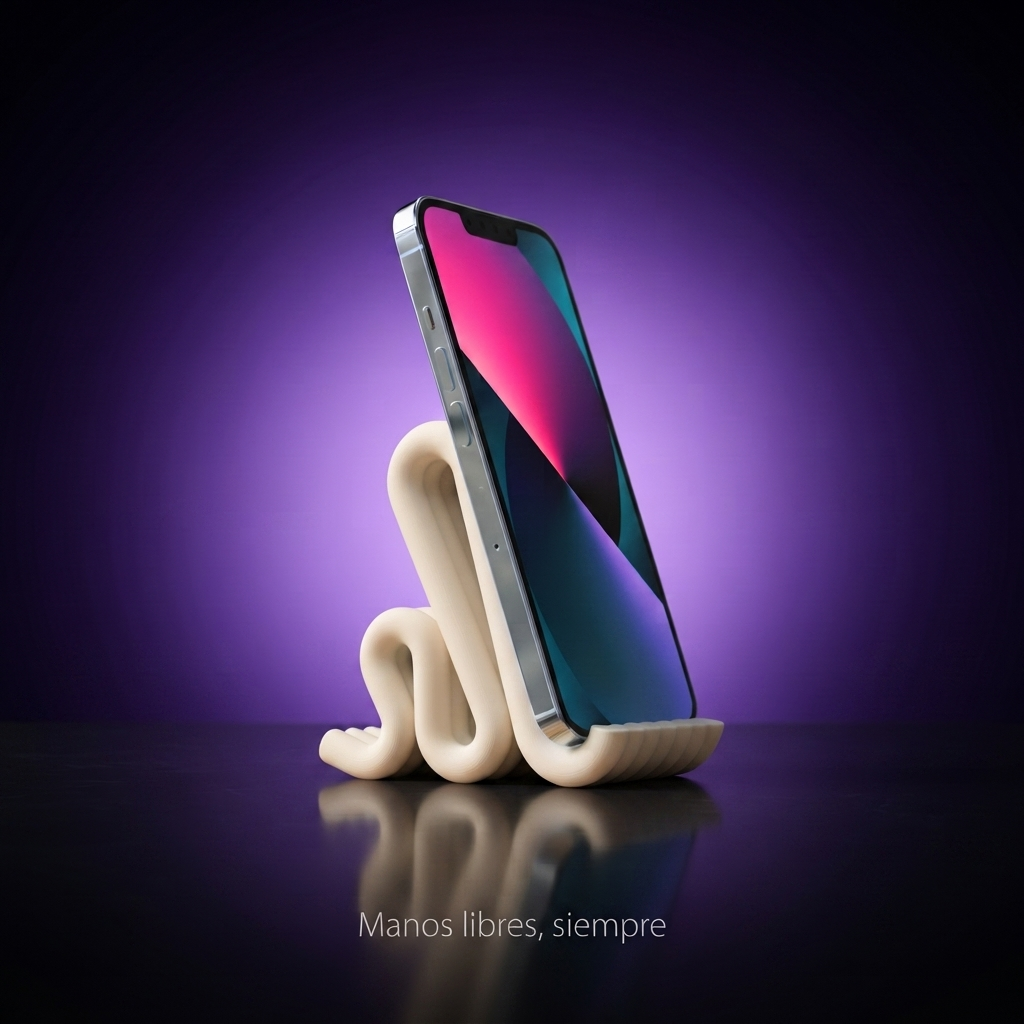 Soporte para teléfono diseño ondulado crema, fondo morado con frase Manos libres, siempre