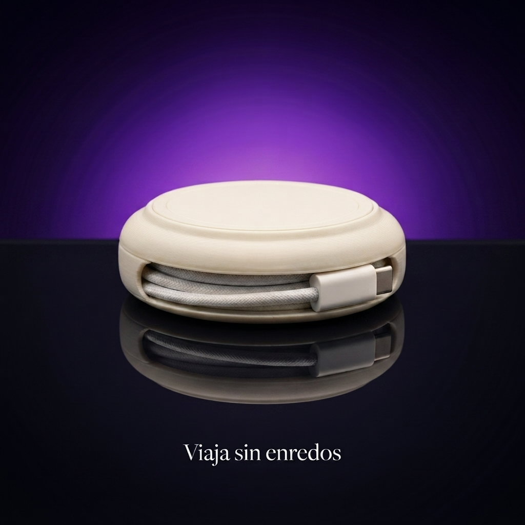 Soporte enrollable para cargador MagSafe crema, fondo morado con frase Viaja sin enredos