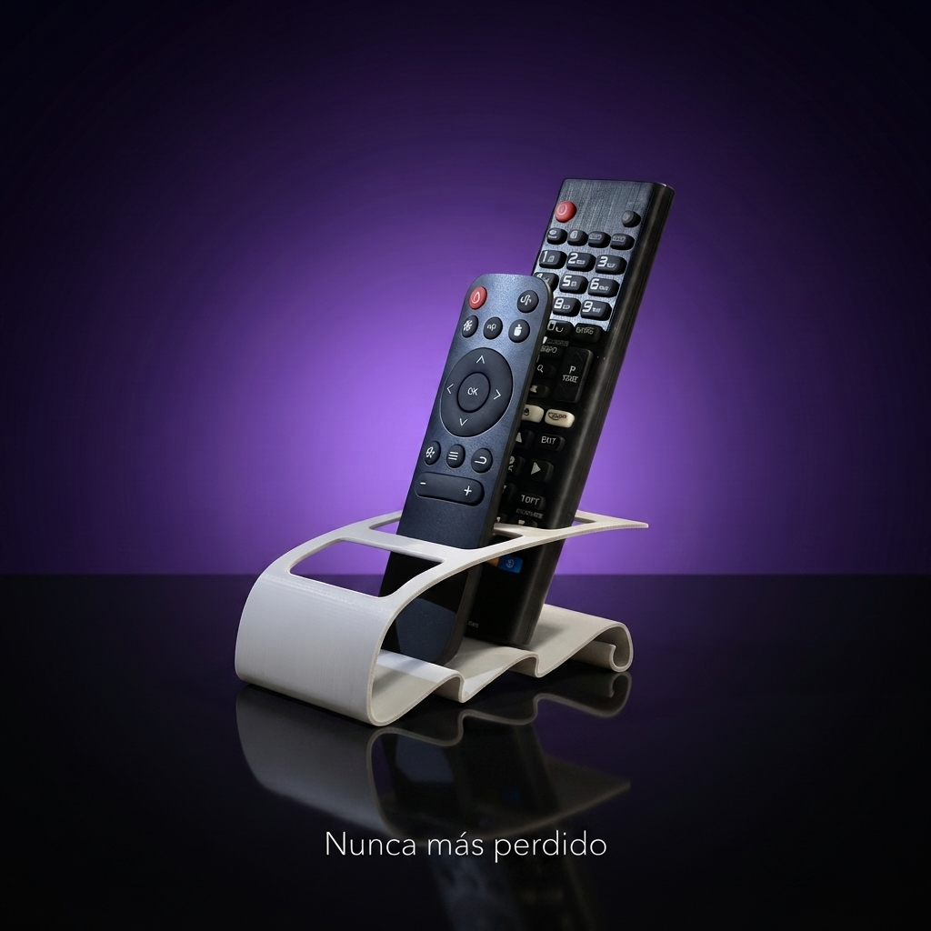 Soporte simple para control remoto blanco, fondo morado con frase Nunca más perdido