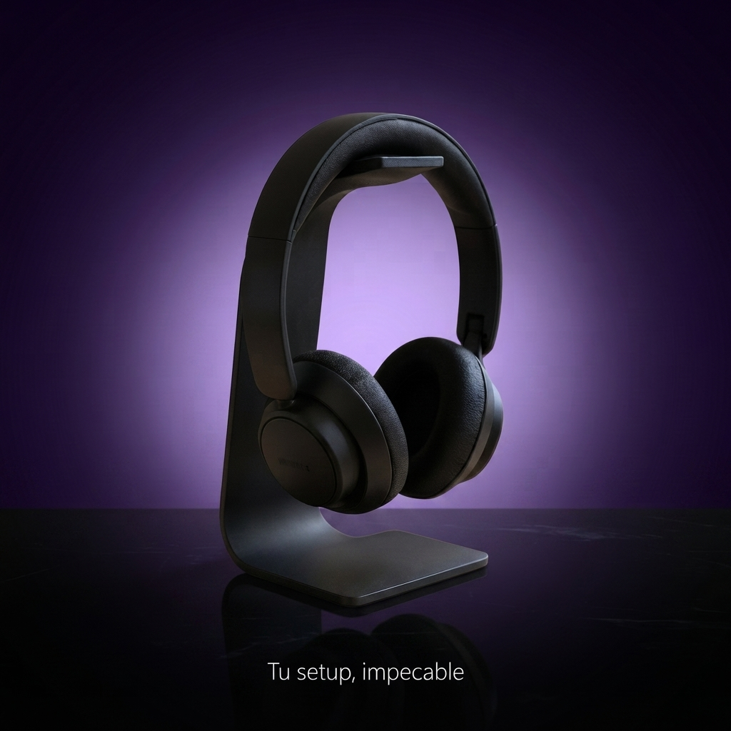 Soporte para auriculares Swing negro, fondo morado con frase Tu setup, impecable