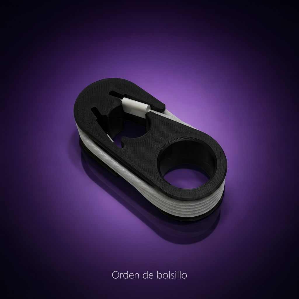 Organizador de viaje para cable USB-C negro, fondo morado con frase Orden de bolsillo