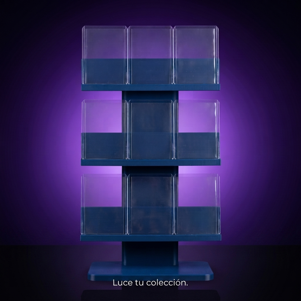 Expositor moderno para tarjetas Ultra Pro 3x3 azul, fondo morado con frase Luce tu colección
