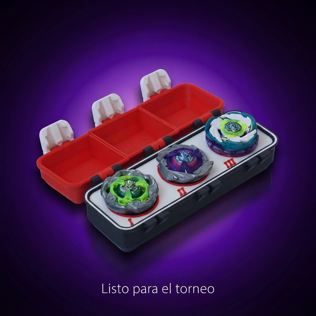 Caja de torneo BeyBlade X V6 roja y negra, fondo morado con frase Listo para el torneo