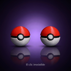 Clicker de pokeball rojo y blanco, fondo morado con frase El clic irresistible