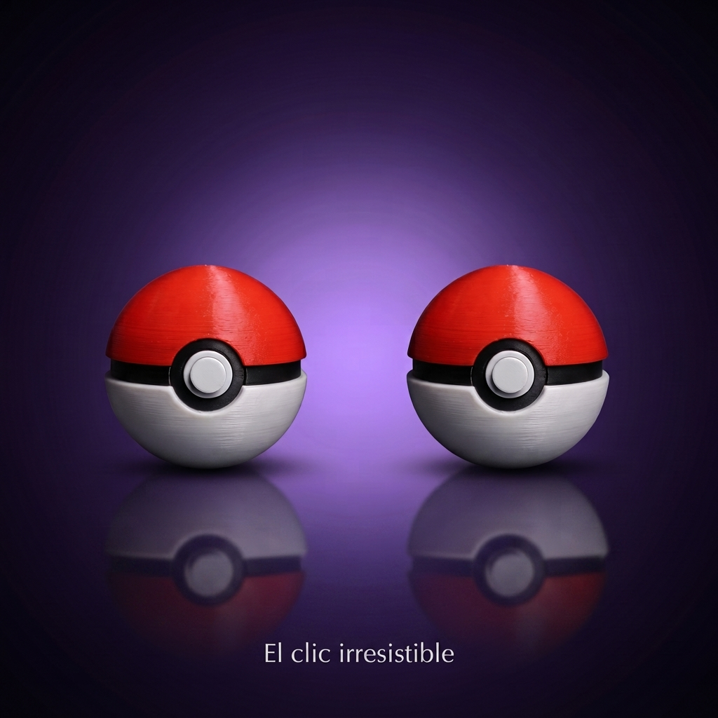 Clicker de pokeball rojo y blanco, fondo morado con frase El clic irresistible
