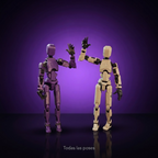 Figuras dummy articuladas chocando la mano, fondo morado con frase Todas las poses