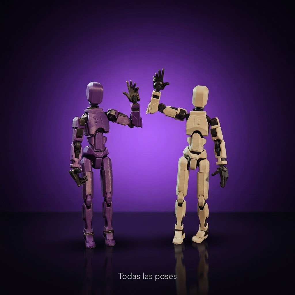 Figuras dummy articuladas chocando la mano, fondo morado con frase Todas las poses