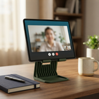 Soporte con tablet en videollamada sobre escritorio