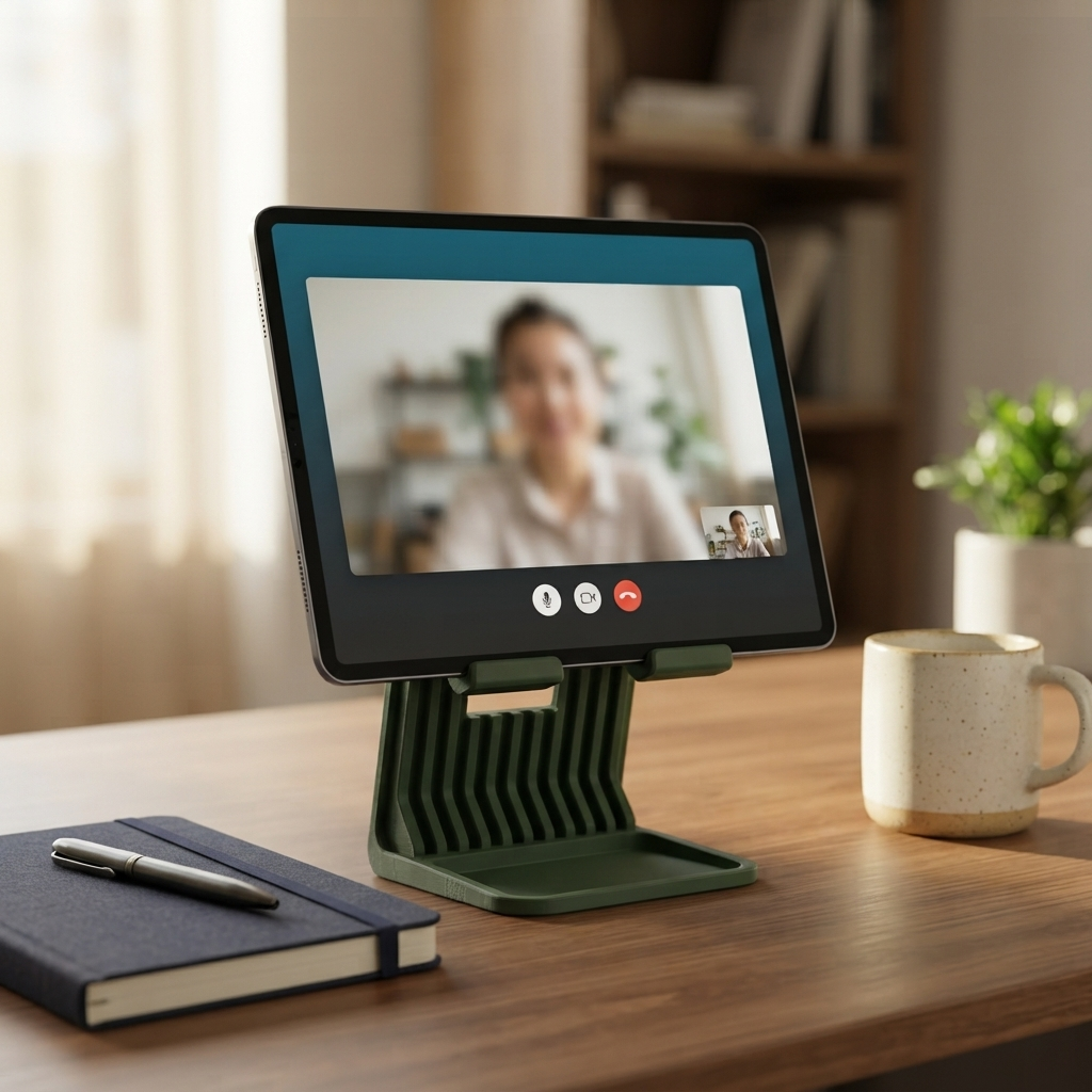 Soporte con tablet en videollamada sobre escritorio