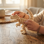 Niño jugando con el esqueleto flexible de T-Rex