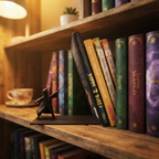Sujetalibros mago sosteniendo libros en repisa de madera
