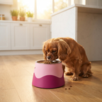 Perro comiendo del cuenco elevado en la cocina