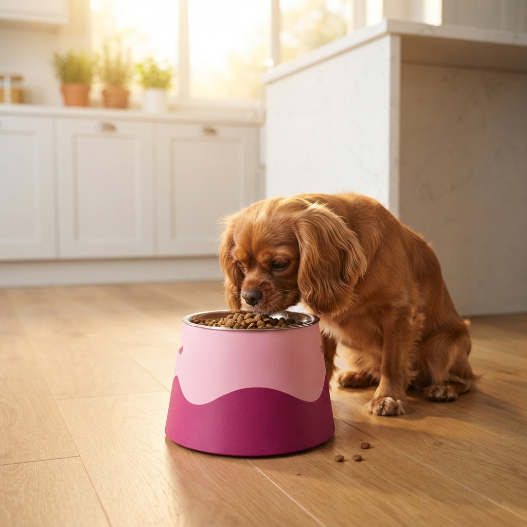 Perro comiendo del cuenco elevado en la cocina