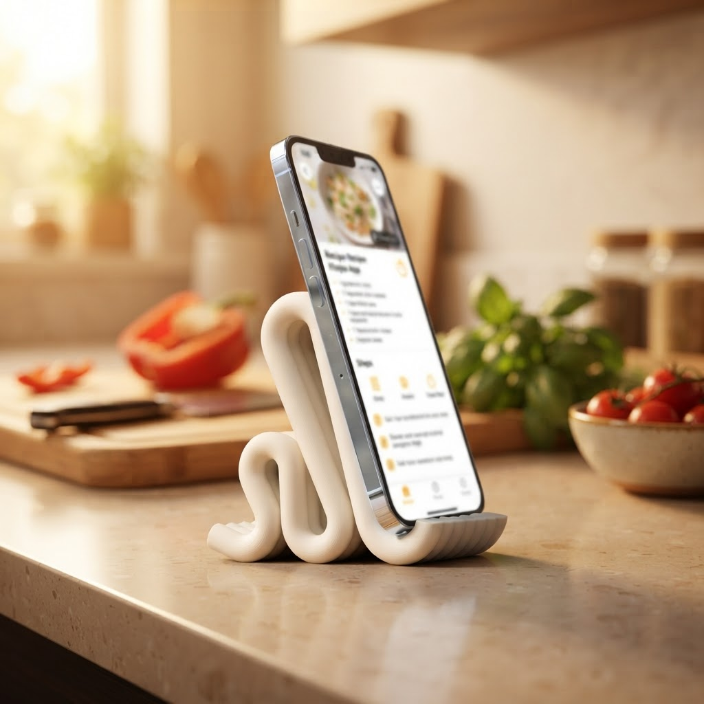 Soporte ondulado con teléfono mostrando receta en la cocina