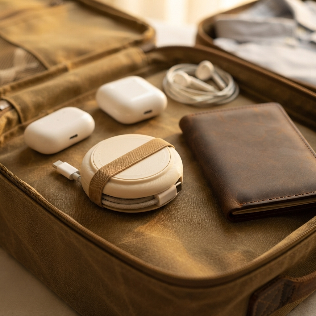 Organizador MagSafe dentro de un bolso de viaje con pasaporte