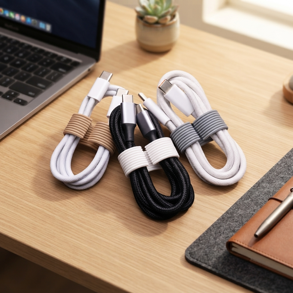 Cables enrollados con los clips sobre escritorio ordenado