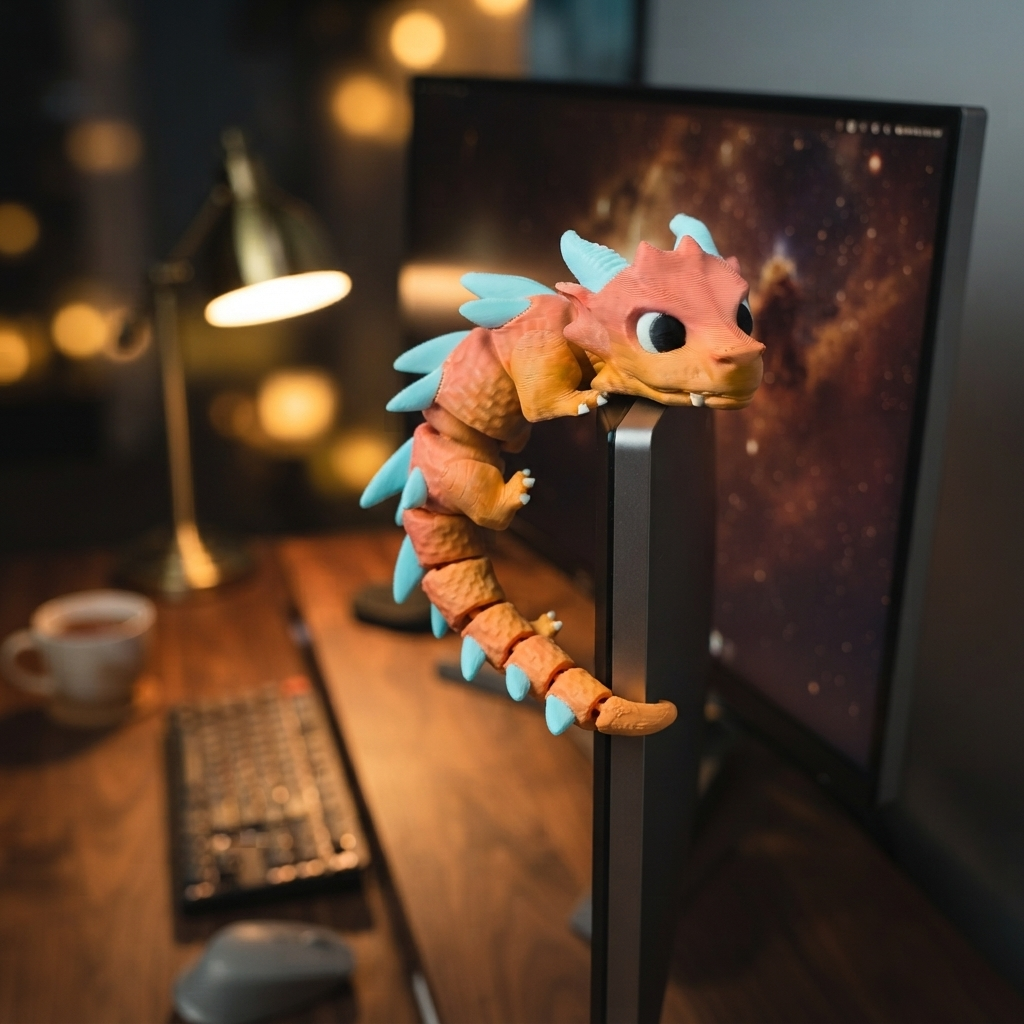 Mini dragón posado en el borde de un monitor