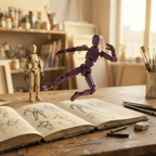 Figura dummy en pose dinámica sobre escritorio de artista con croquera