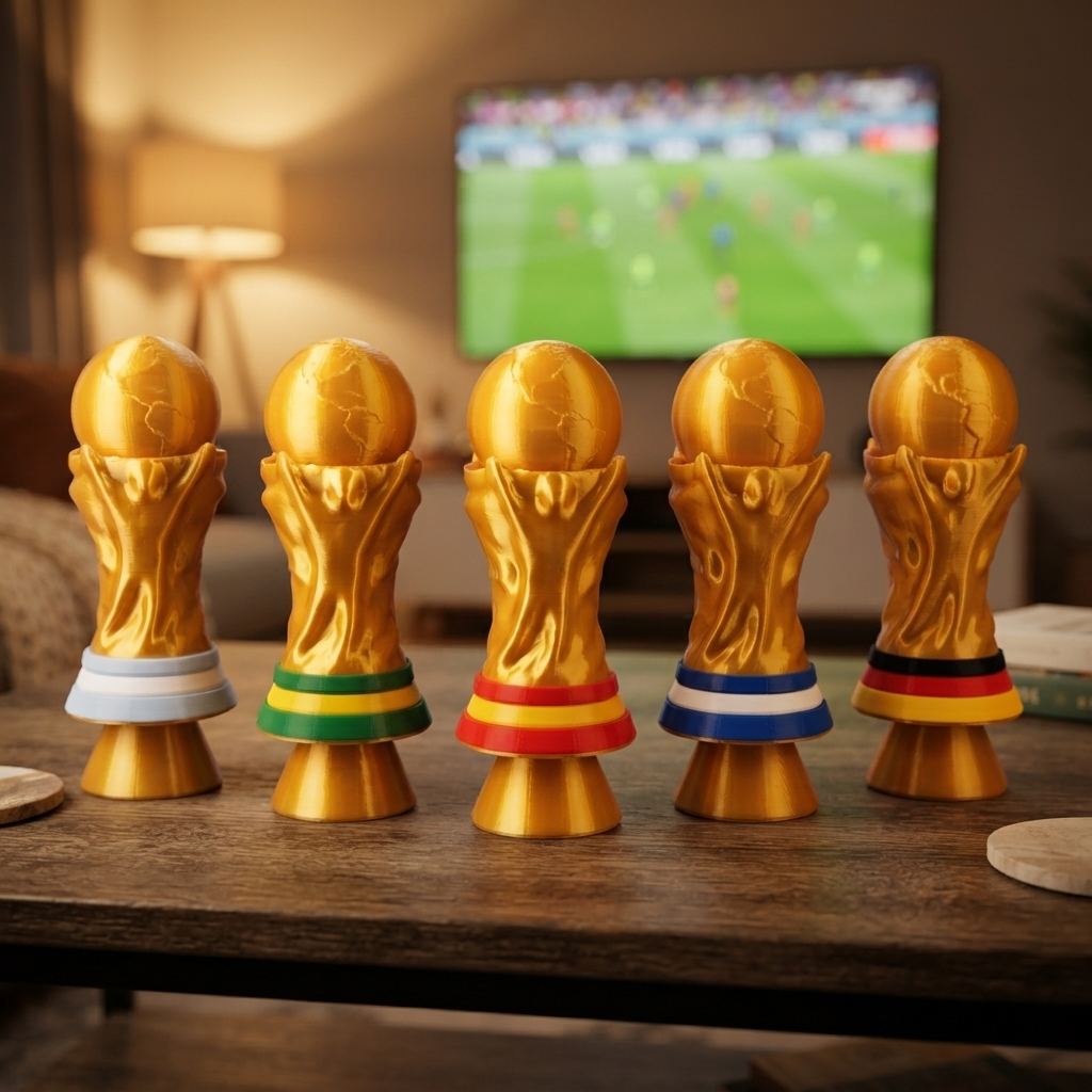 Trofeos clicker en mesa de living viendo un partido en TV